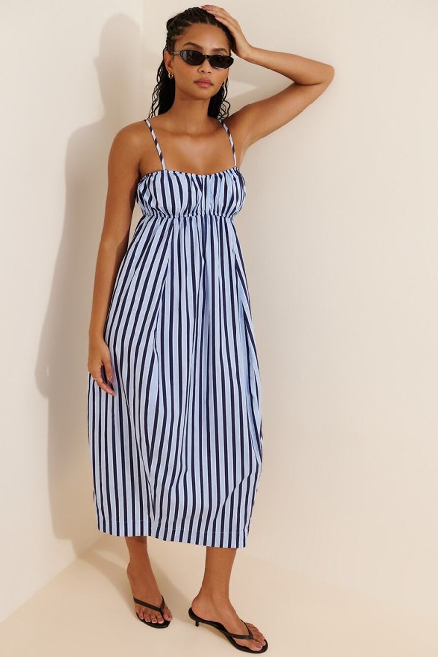Anthropologie By Maeve Cotton Barrel Midi Dress Blue Stripe Size Medium